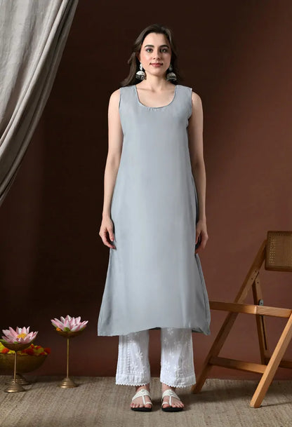Powder Blue Lucknowi Chikankari Handwork Anarkali Kurti Front View