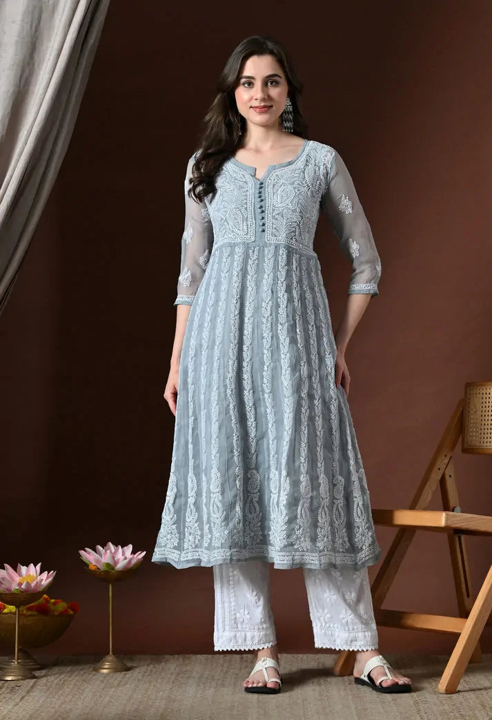 Full Length Powder Blue Lucknowi Chikankari Anarkali Kurti