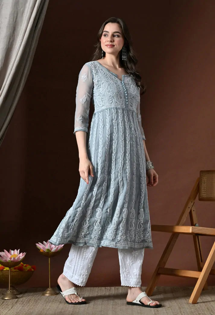 Powder Blue Lucknowi Chikankari Anarkali Kurti Model Pose
