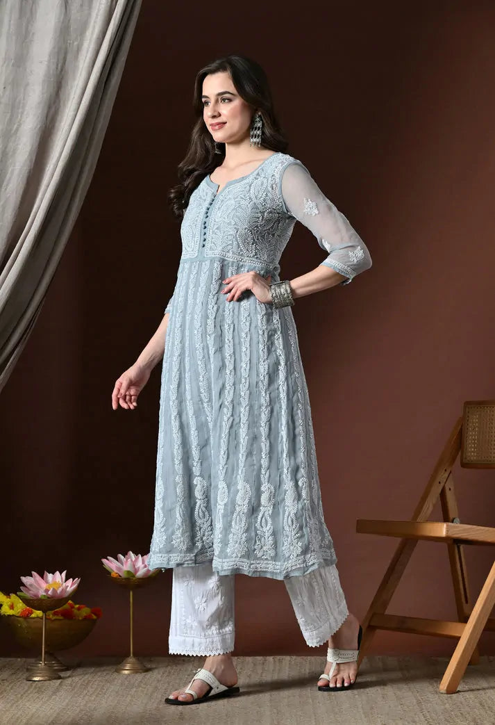Side View of Powder Blue Lucknowi Chikankari Handwork Kurti