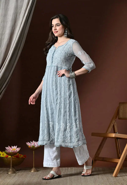 Side View of Powder Blue Lucknowi Chikankari Handwork Kurti