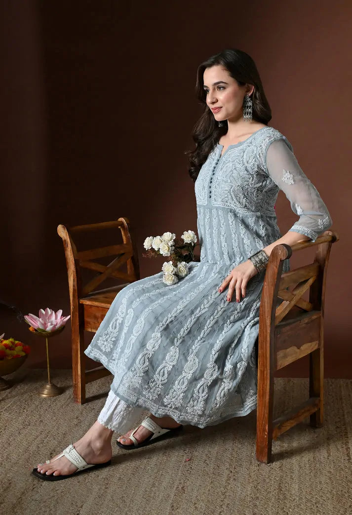 Powder Blue Chikankari Anarkali Kurti Sitting Pose
