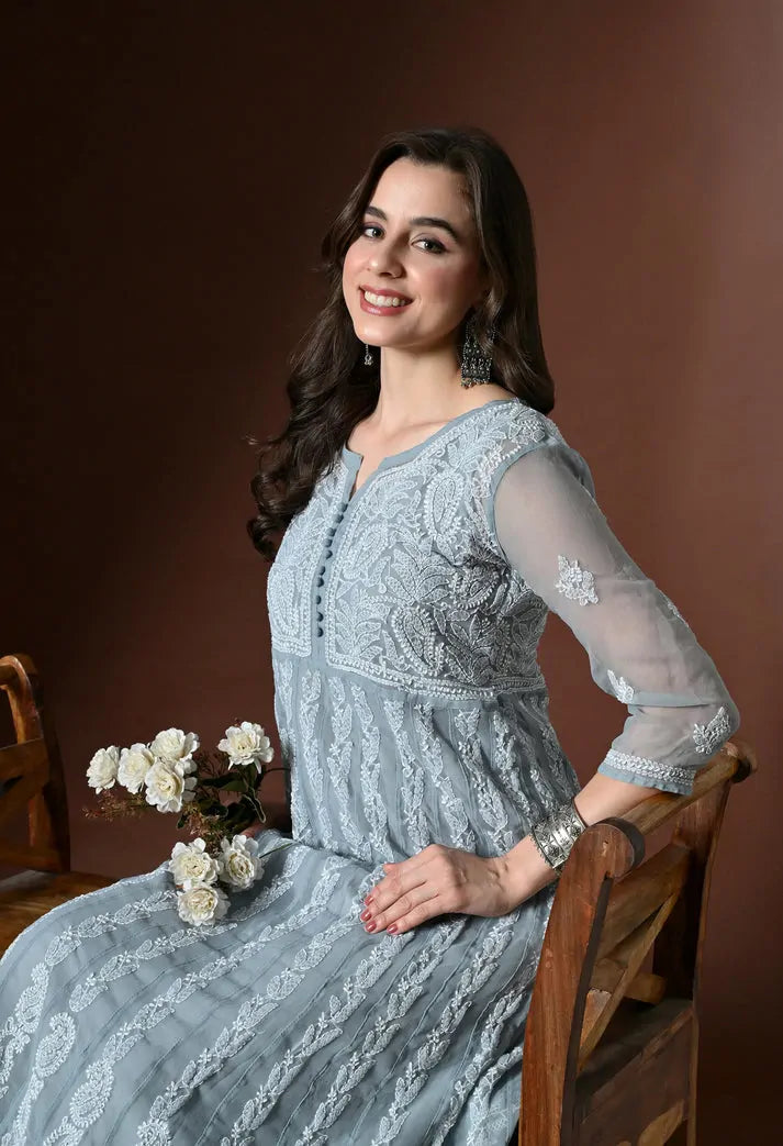 Powder Blue Lucknowi Chikankari Kurti Lifestyle Shot