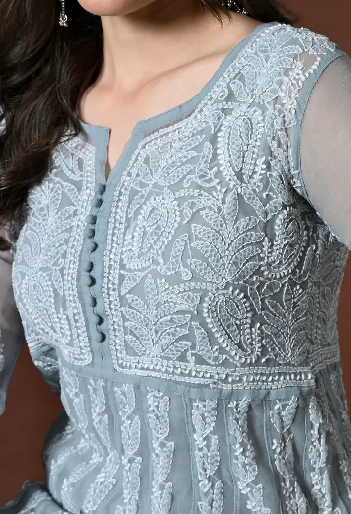 Close Up Neck Design and Chikankari Embroidery on Powder Blue Kurti