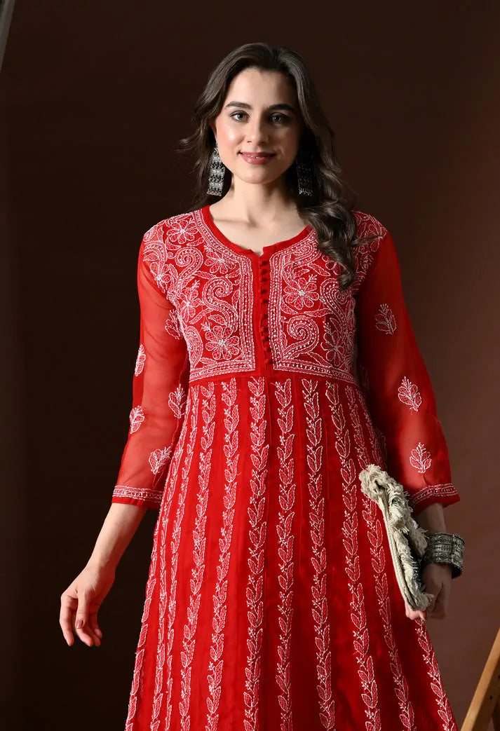 Close up view of red embroidered anarkali kurta bodice and yoke design
