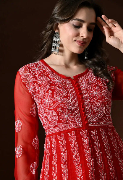 Detailed embroidery work on women's red ethnic anarkali kurta