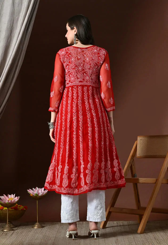 Back view of red embroidered anarkali kurta set for women with white pants