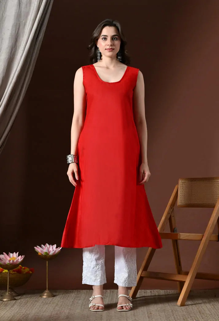 Women's red embroidered anarkali kurta set with white pants front view