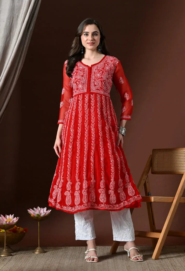 Full length view of women's red embroidered anarkali kurta set