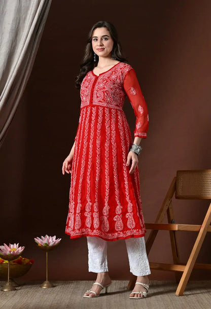 Side view of red ethnic anarkali kurta set with white pants