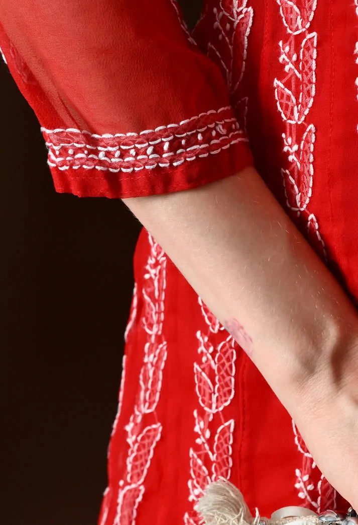 Sleeve embroidery and cuff detail of red anarkali kurta for women