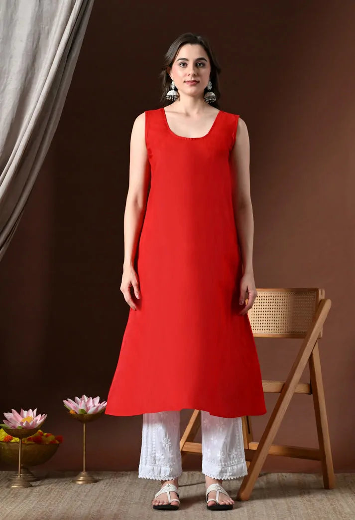 Red Anarkali kurti inner slip front view with white pants