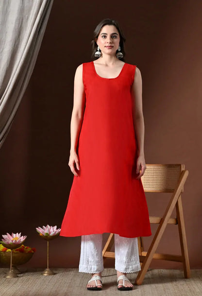 Red Anarkali kurti inner slip front view with white pants