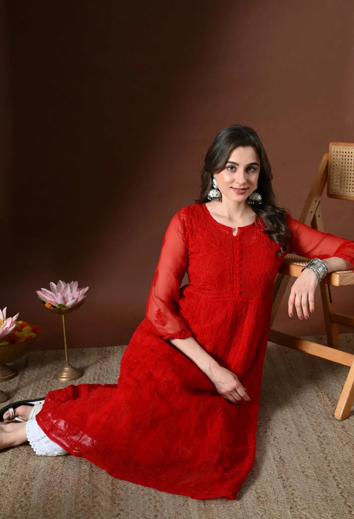 Red embroidered Anarkali kurti lifestyle photoshoot image
