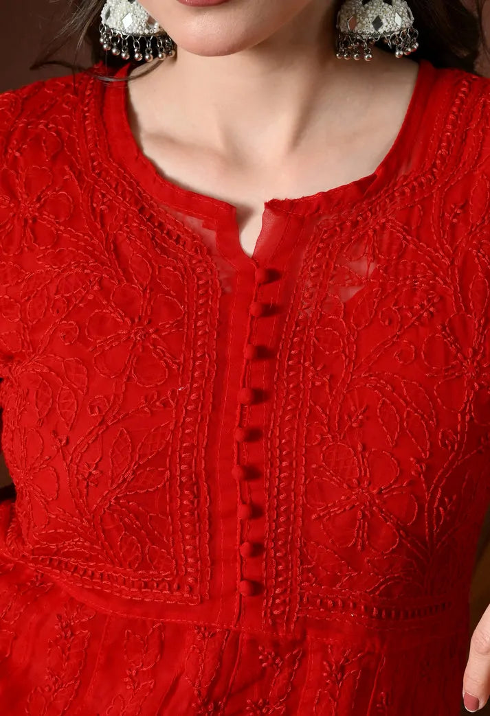 Detailed neckline embroidery on red Anarkali kurti for women