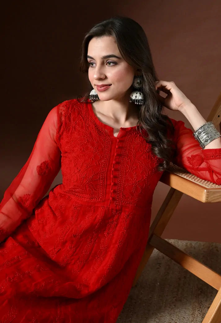 Portrait view of red embroidered Anarkali kurti for women