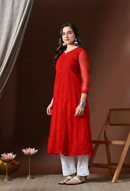 Red embroidered Anarkali kurti side pose with ethnic styling