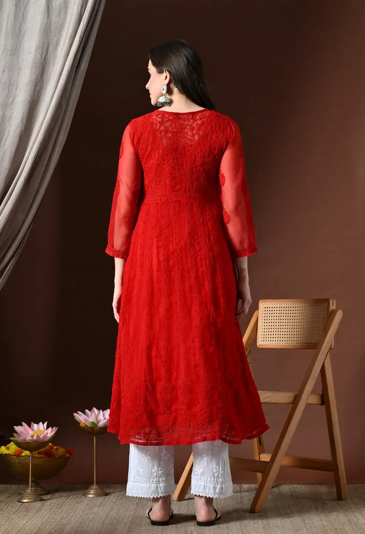 Back view of red embroidered Anarkali kurti for women