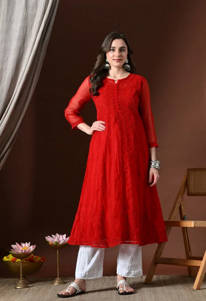 Front view of red embroidered Anarkali kurti for women