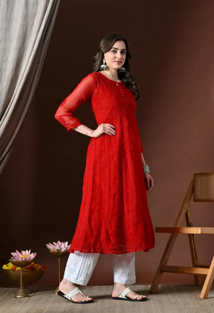 Red flared embroidered Anarkali kurti fashion pose for women