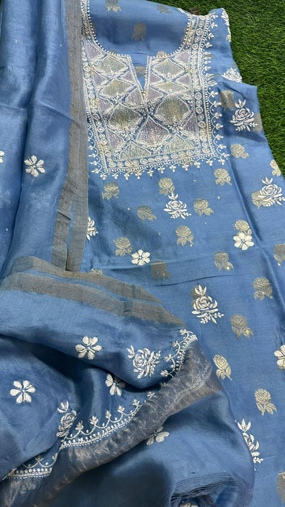 Pure Banarasi Chanderi Silk Shirt & Dupatta with Intricate Chikan & Embellishments