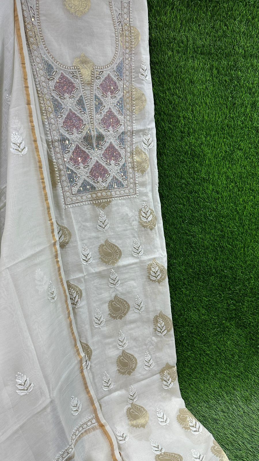 Pure Banarasi Chanderi Silk Shirt & Dupatta with Intricate Chikan & Embellishments