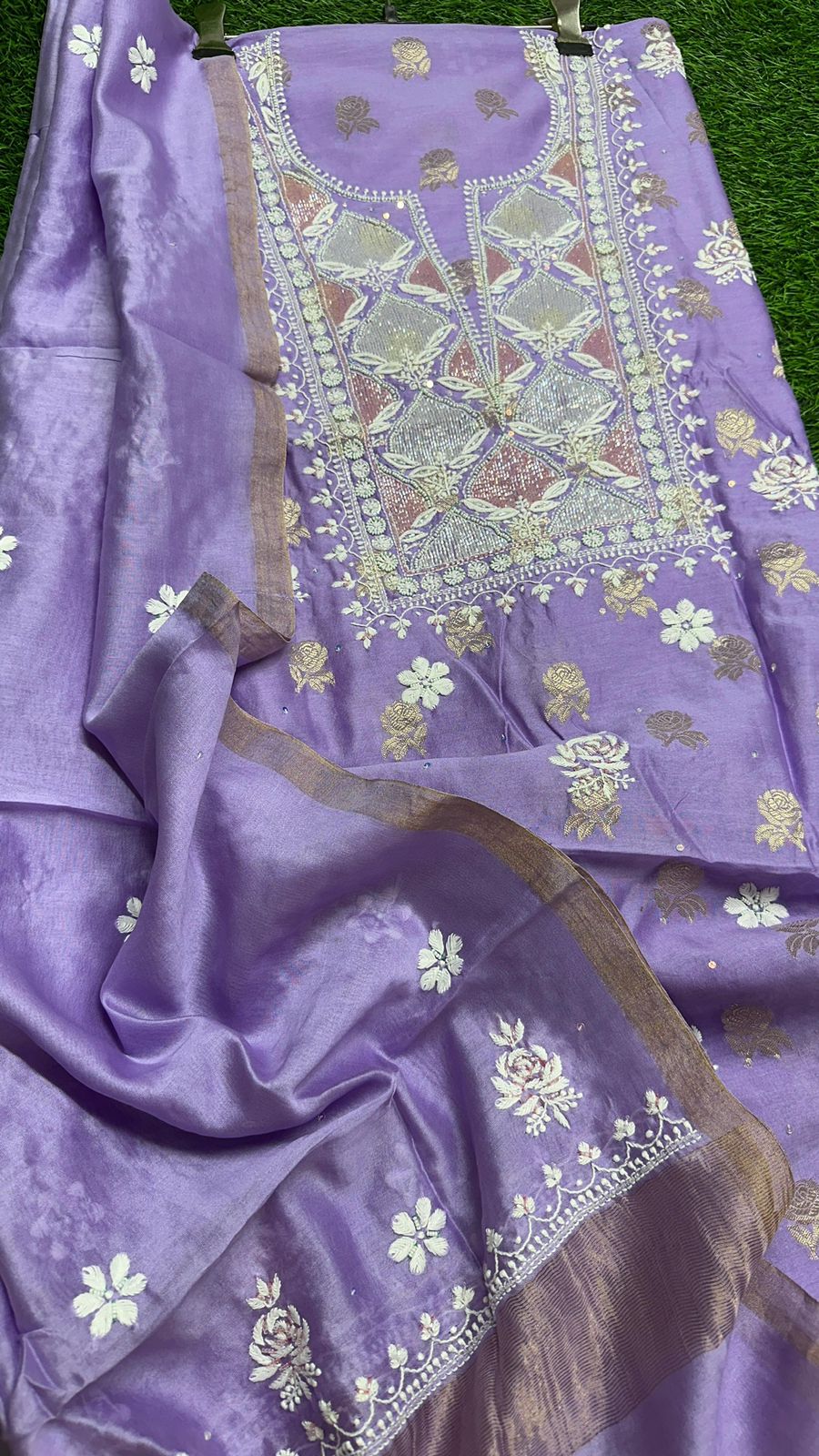 Pure Banarasi Chanderi Silk Shirt & Dupatta with Intricate Chikan & Embellishments