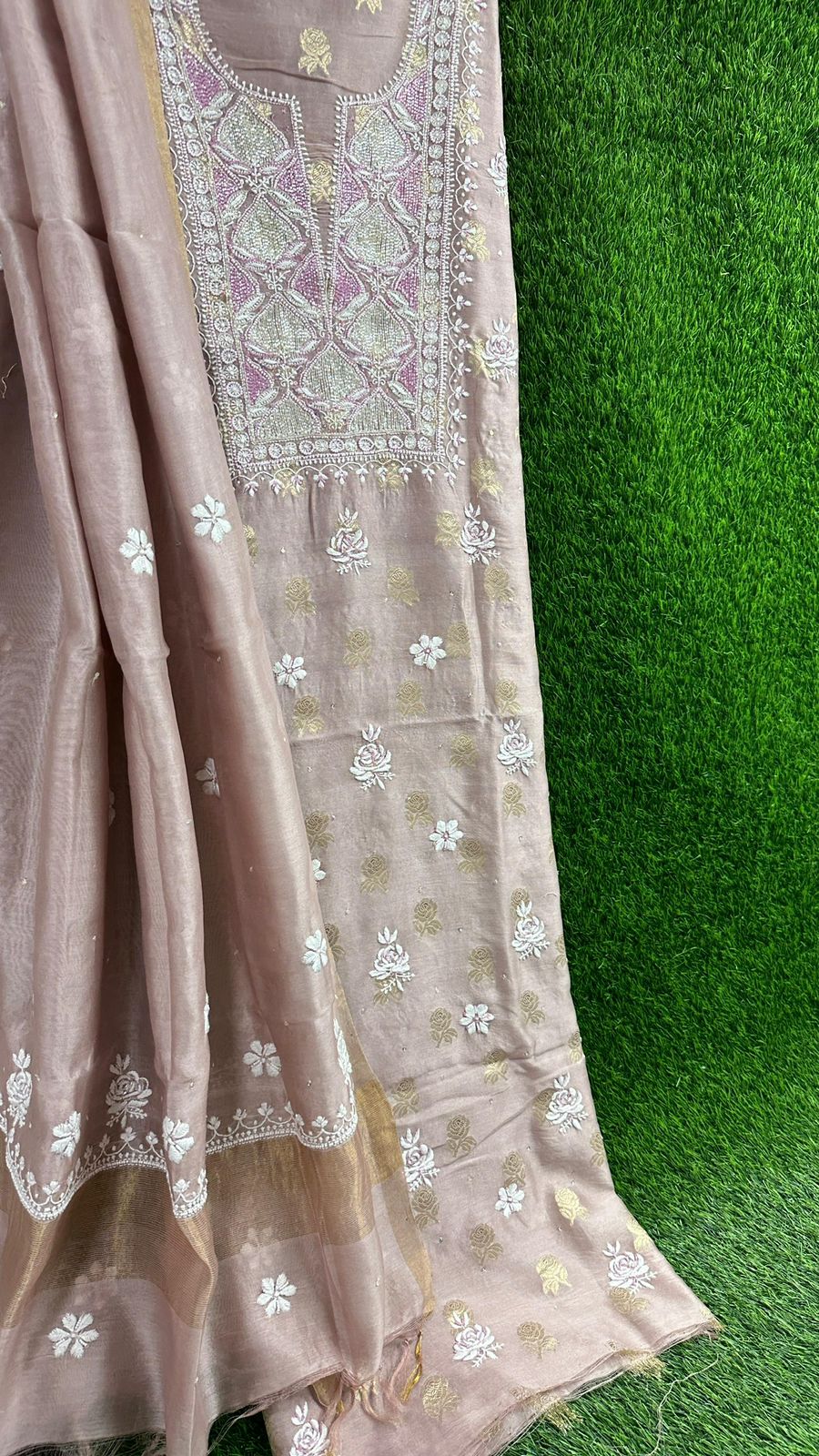 Pure Banarasi Chanderi Silk Shirt & Dupatta with Intricate Chikan & Embellishments