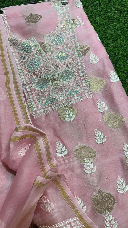 Pure Banarasi Chanderi Silk Shirt & Dupatta with Intricate Chikan & Embellishments