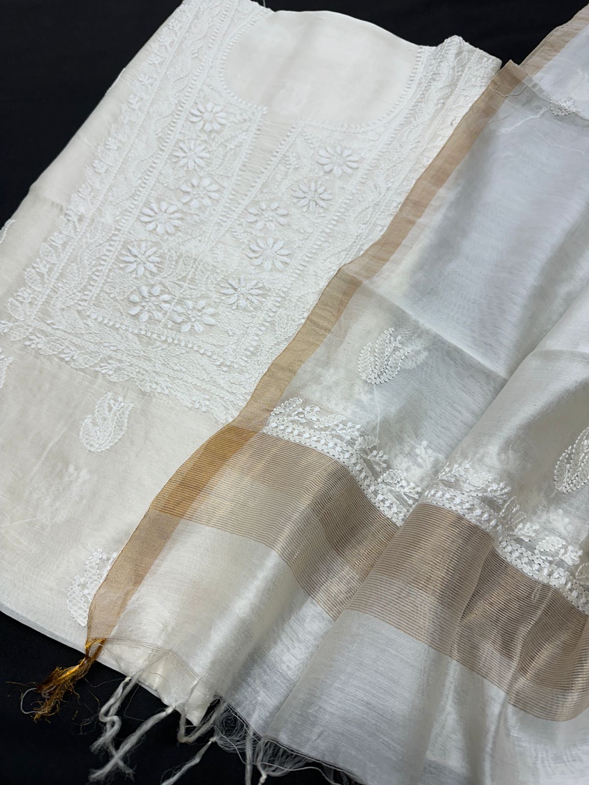 Timeless Craft: Handcrafted Chikan Chanderi 3pcs Silk Suits