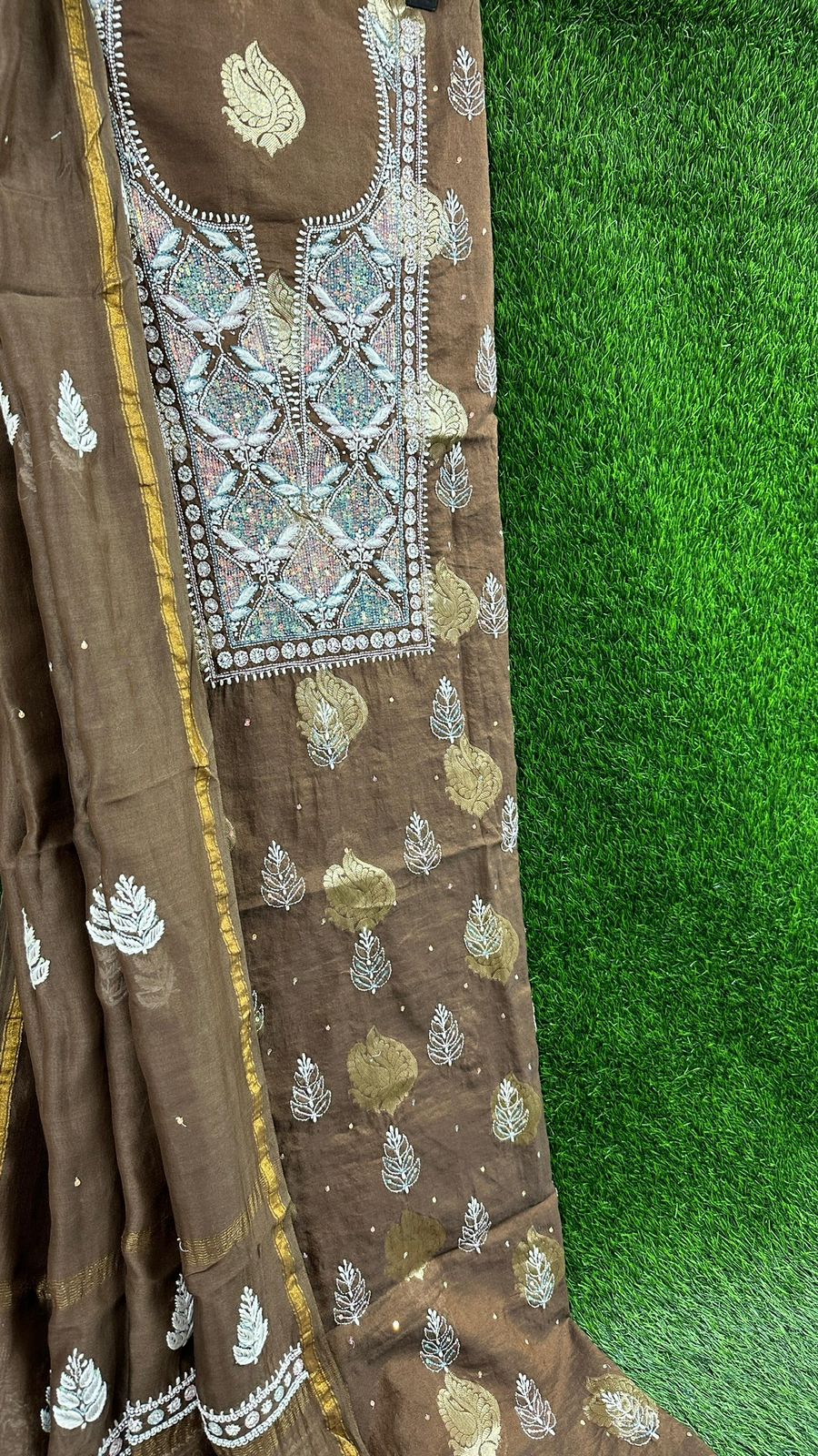 Pure Banarasi Chanderi Silk Shirt & Dupatta with Intricate Chikan & Embellishments