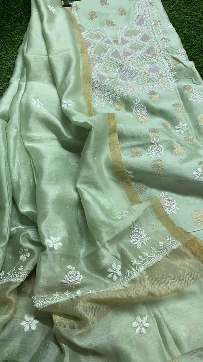 Pure Banarasi Chanderi Silk Shirt & Dupatta with Intricate Chikan & Embellishments