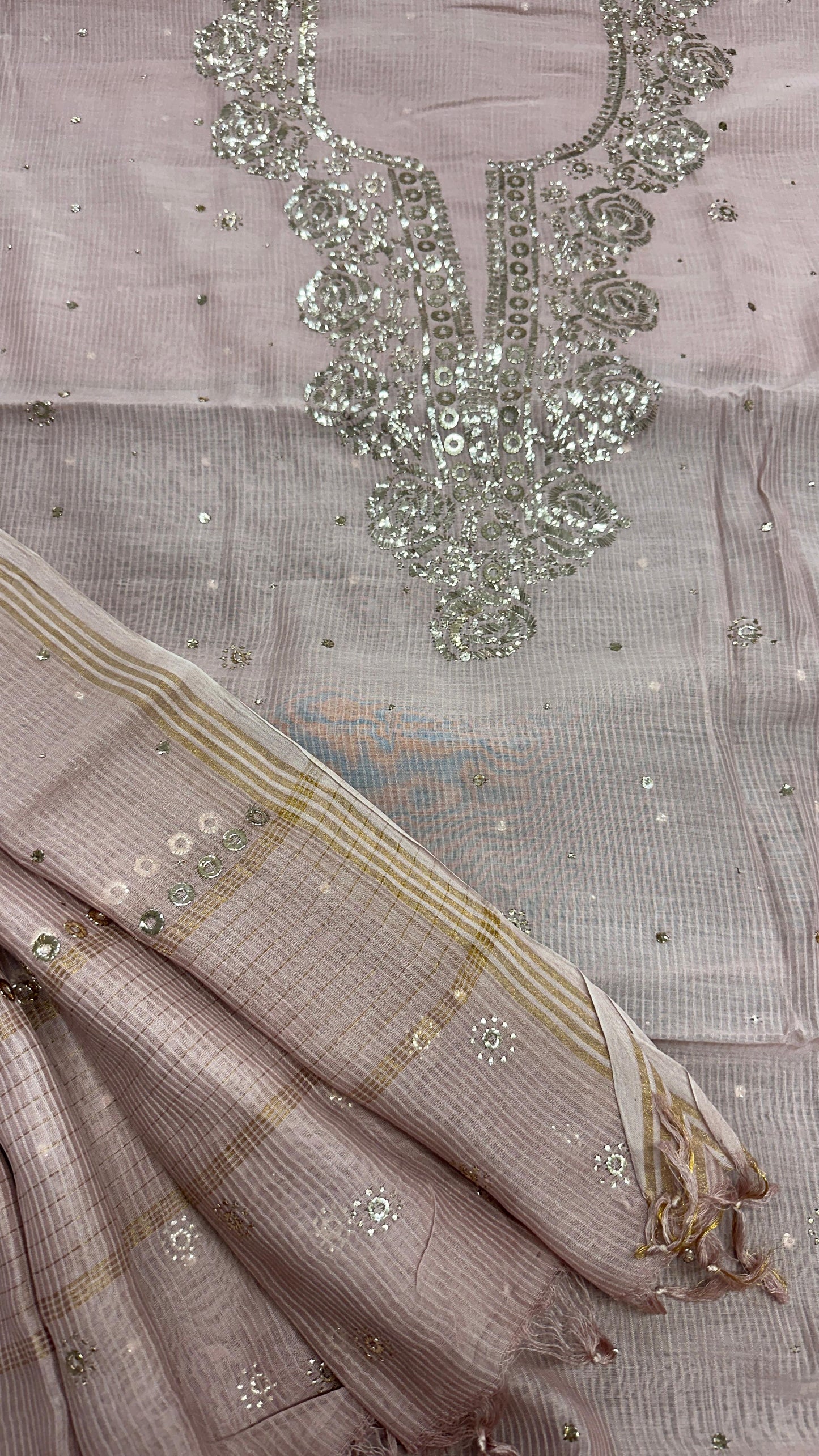 Pure Maheshwari Silk Shirt and Dupatta with Intricate Mukesh Embroidery