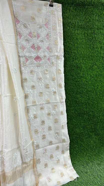 Pure Banarasi Chanderi Silk Shirt & Dupatta with Intricate Chikan & Embellishments