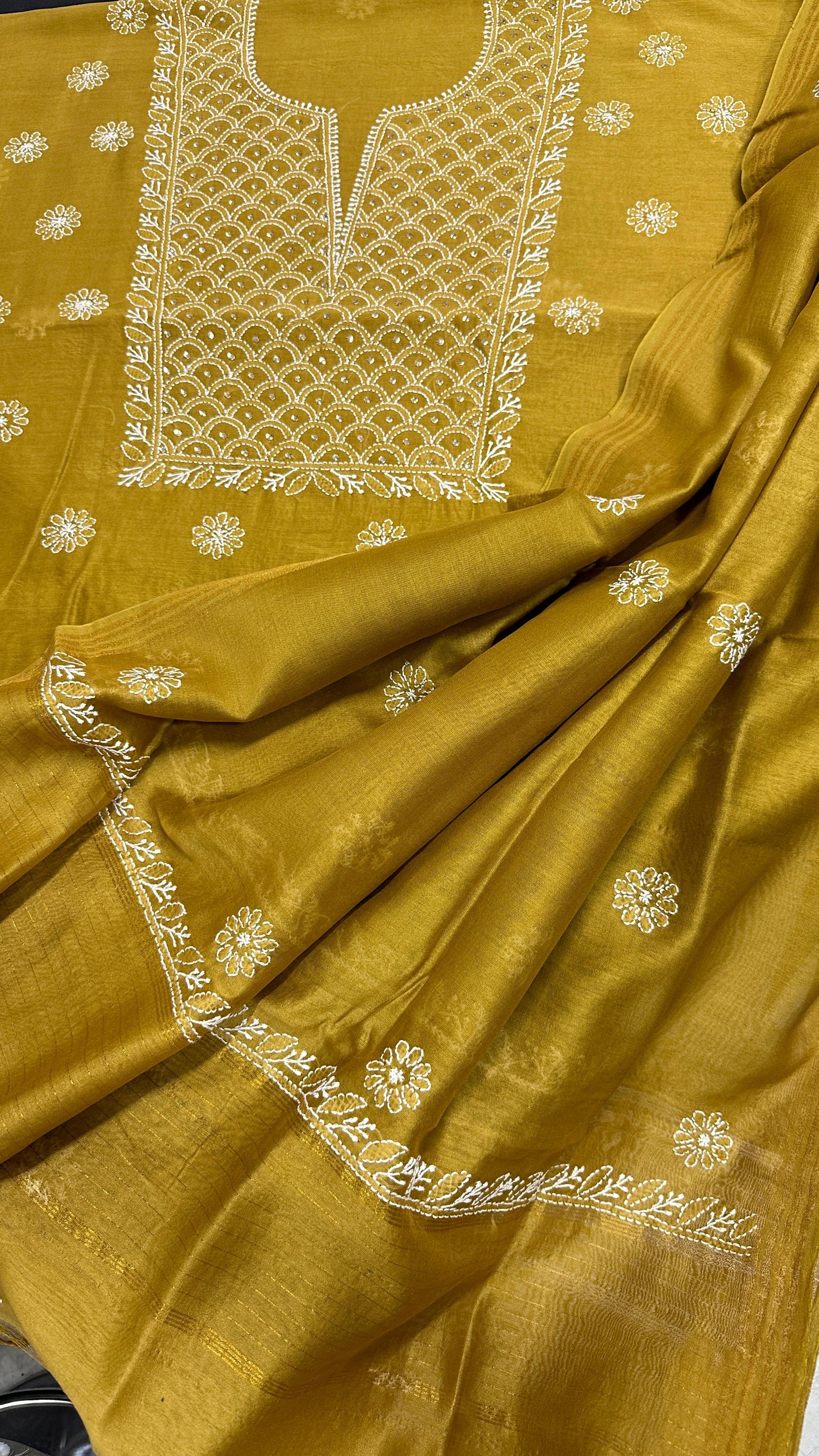 Lucknowi Chikan & Mukesh Work Chanderi Silk Set