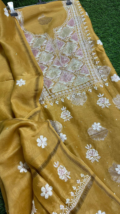 Pure Banarasi Chanderi Silk Shirt & Dupatta with Intricate Chikan & Embellishments