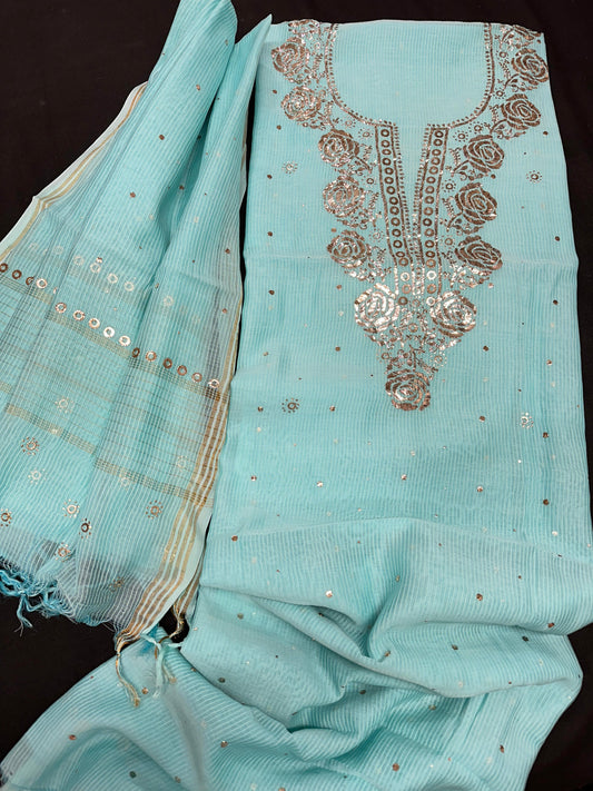 Pure Maheshwari Silk Shirt and Dupatta with Intricate Mukesh Embroidery