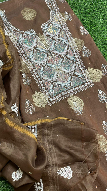 Pure Banarasi Chanderi Silk Shirt & Dupatta with Intricate Chikan & Embellishments