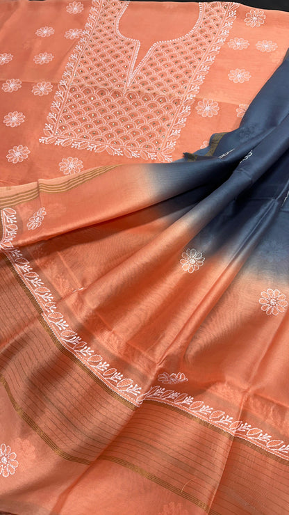 Lucknowi Chikan & Mukesh Work Chanderi Silk Set