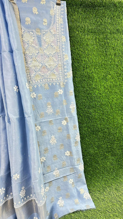 Pure Banarasi Chanderi Silk Shirt & Dupatta with Intricate Chikan & Embellishments