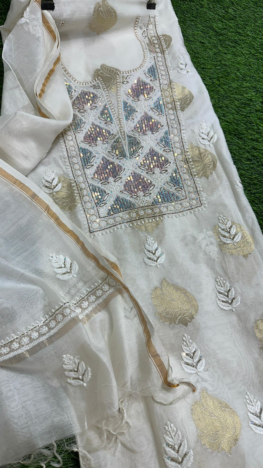 Pure Banarasi Chanderi Silk Shirt & Dupatta with Intricate Chikan & Embellishments