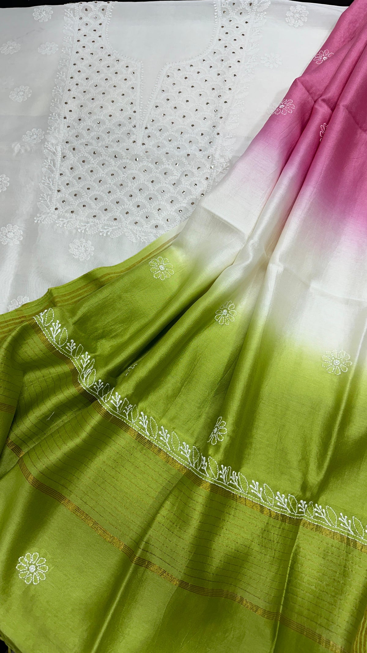 Lucknowi Chikan & Mukesh Work Chanderi Silk Set