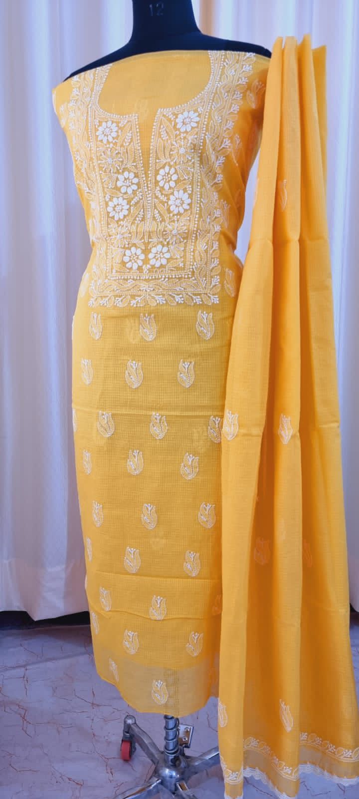 Traditional Kota Doria Shirt & Dupatta with Lucknowi Chikan Embroidery