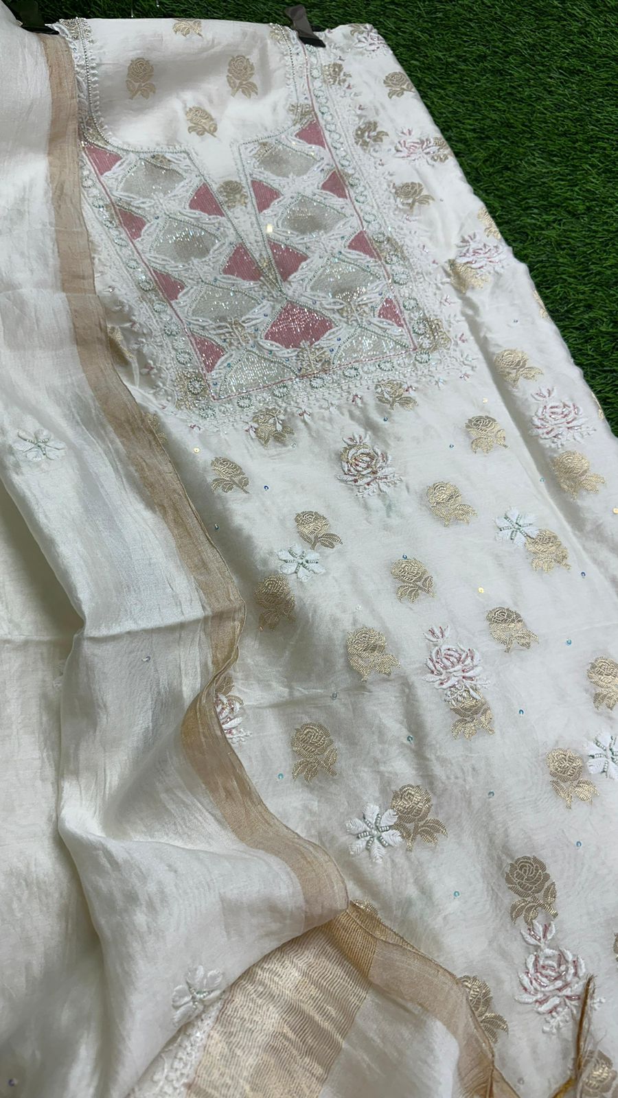 Pure Banarasi Chanderi Silk Shirt & Dupatta with Intricate Chikan & Embellishments