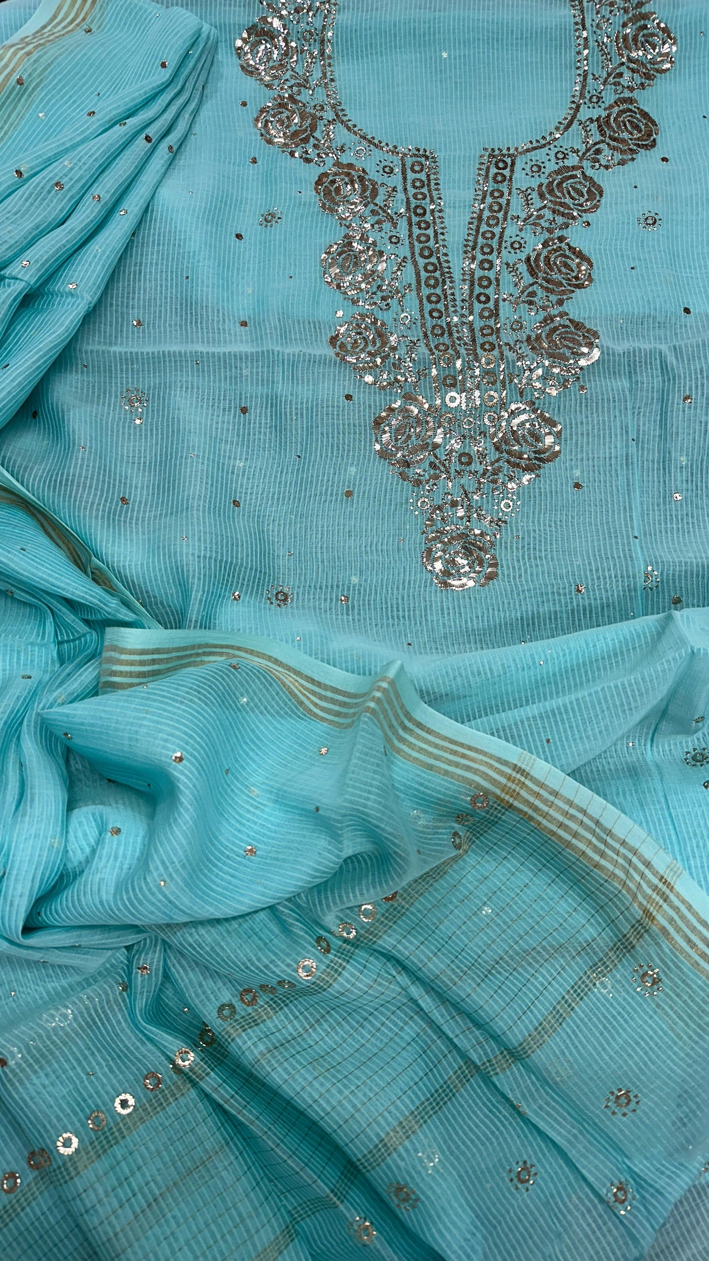 Pure Maheshwari Silk Shirt and Dupatta with Intricate Mukesh Embroidery