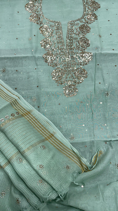 Pure Maheshwari Silk Shirt and Dupatta with Intricate Mukesh Embroidery