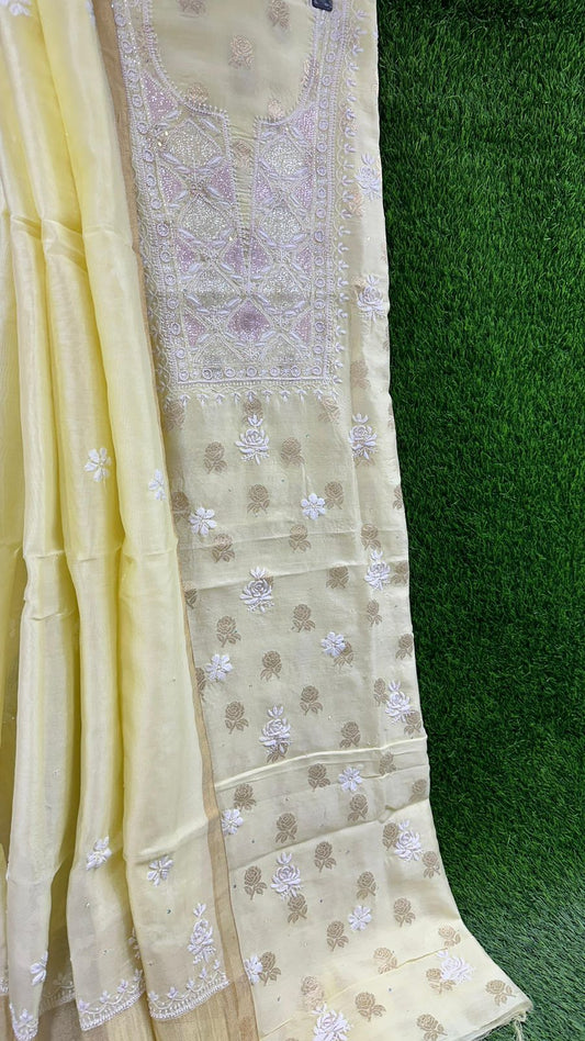 Pure Banarasi Chanderi Silk Shirt & Dupatta with Intricate Chikan & Embellishments