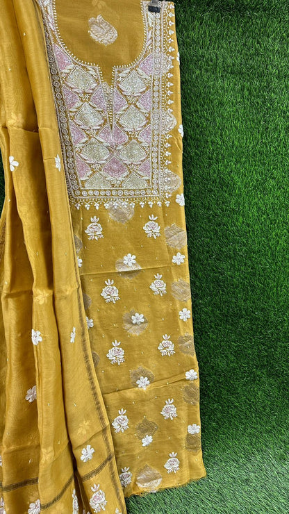 Pure Banarasi Chanderi Silk Shirt & Dupatta with Intricate Chikan & Embellishments