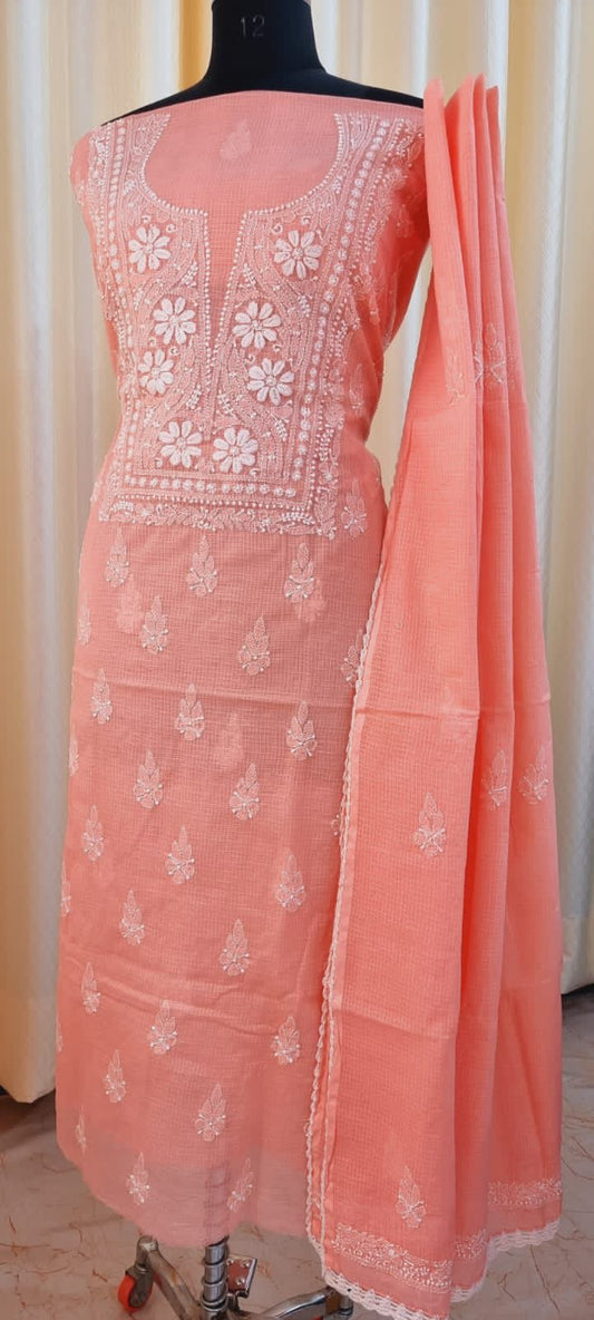 Traditional Kota Doria Shirt & Dupatta with Lucknowi Chikan Embroidery