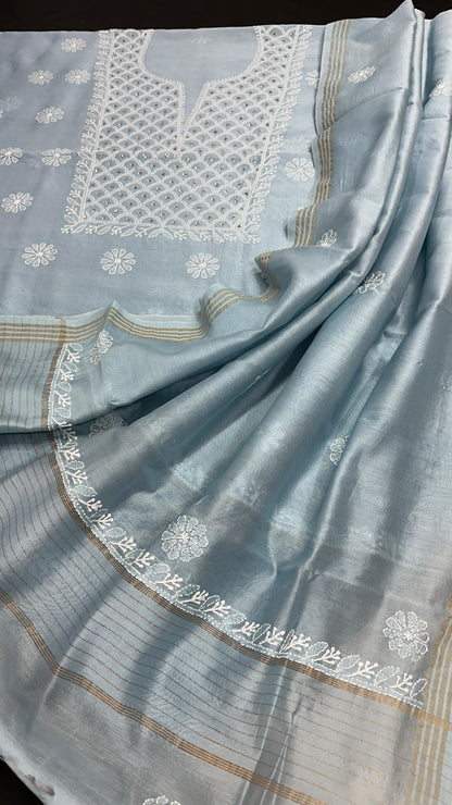 Lucknowi Chikan & Mukesh Work Chanderi Silk Set